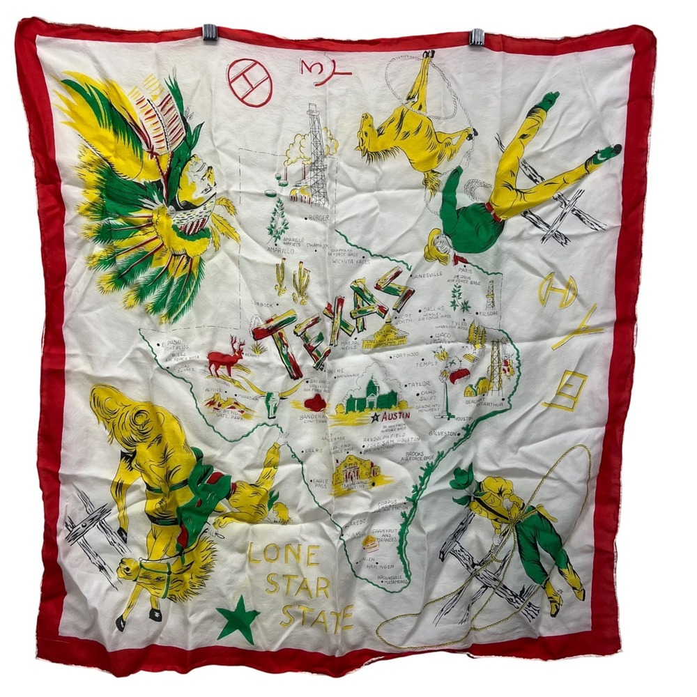 Vintage 1950s Texas Souvenir Scarf White Red Lone Star State Map Rodeo Chief